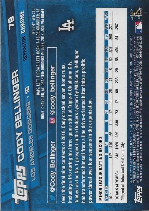 2017 Topps Chrome Refractor Cody RC Bellinger #79 Los Angeles Dodgers