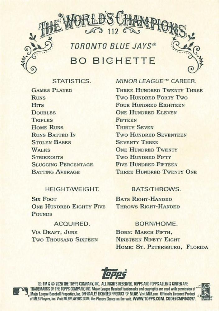 2020 Topps Allen & Ginter Bo Bichette RC #112 Toronto Blue Jays
