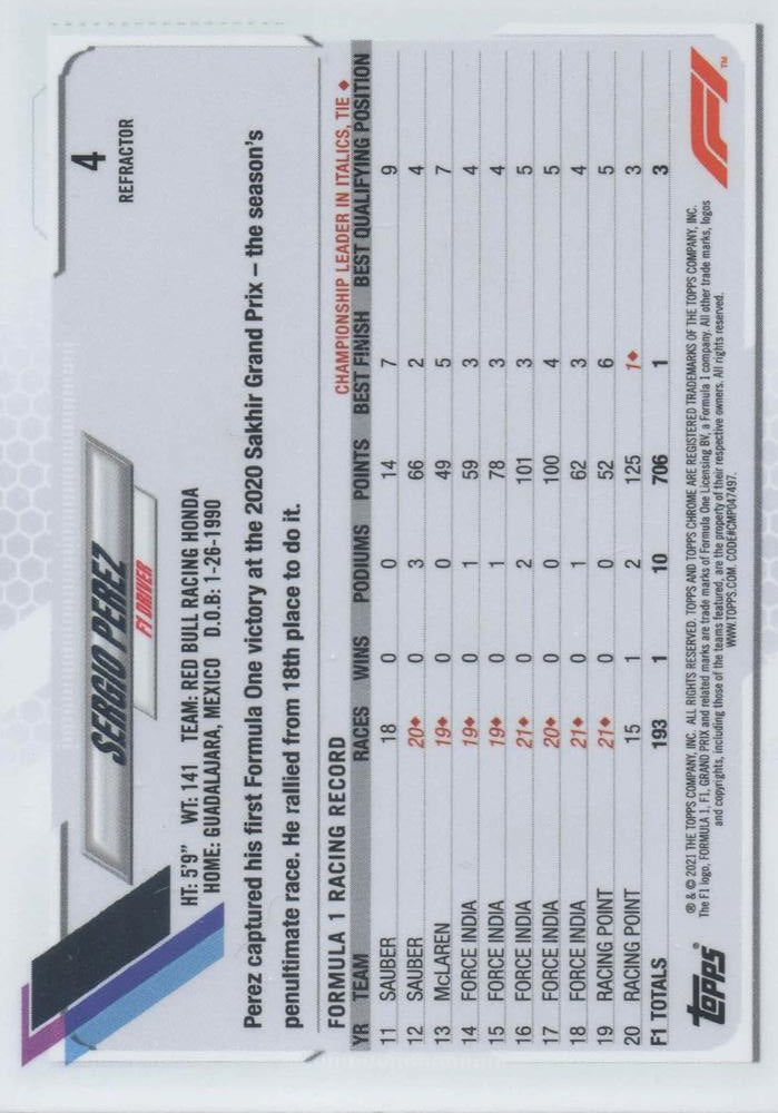 2021 Topps Chrome Formula 1 Refractor Sergio Perez #4 Red Bull Racing Honda
