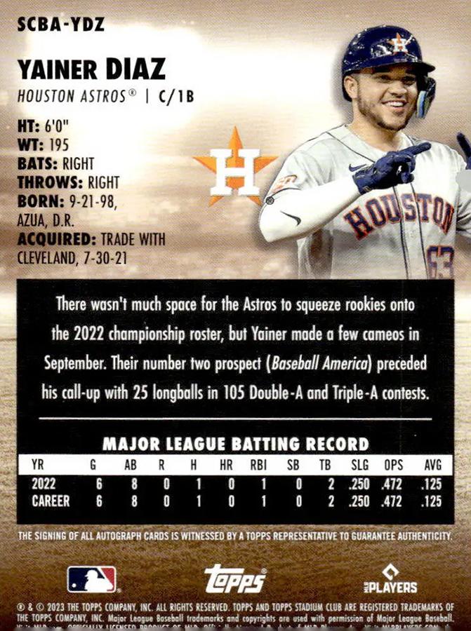 2023 Topps Stadium Club Autograph Yainer Diaz RC #SCBA-YDZ Houston Astros