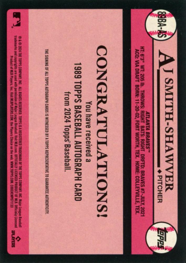 2024 Topps Series 1 1989 35th Anniversary Autograph AJ Smith-Shawver AU #89BA-AS Atlanta Braves