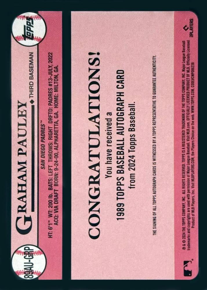 2024 Topps Update 1989 35th Anniversary Autograph Graham Pauley AU #89AU-GRP San Diego Padres