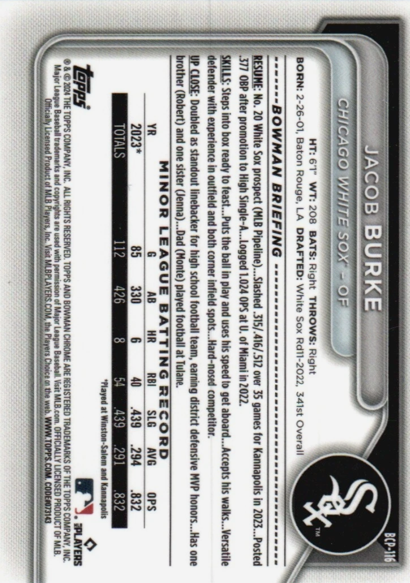 2024 Topps Bowman Chrome Prospects Lunar Glow Refractors 1ST Jacob Burke Chicago White Sox #BCP-116