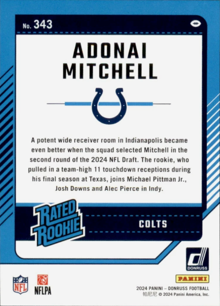 2024 Panini Donruss Press Proof Green Adonai Mitchell Rated Rookie RC #343 Indianapolis Colts