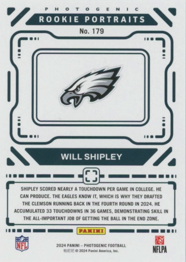 2024 Panini Photogenic Will Shipley Rookie Portrait RC #179 Philadelphia Eagles