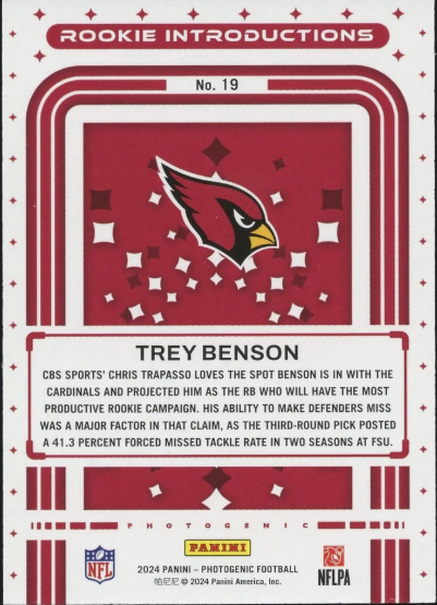 2024 Panini Photogenic Rookie Introductions Trey Benson #19 Arizona Cardinals