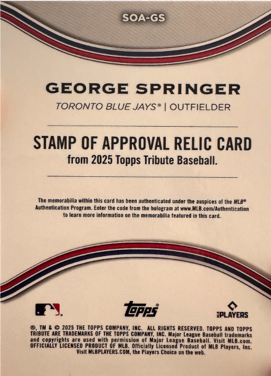 2025 Topps Tribute Patch /199 George Springer #SOA-GS Toronto Blue Jays