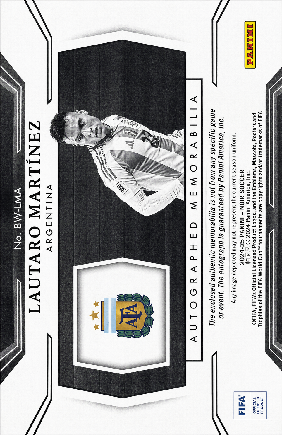 2024 Panini Noir Patch Autograph /75 Lautaro Martínez #BW-LMA Argentine