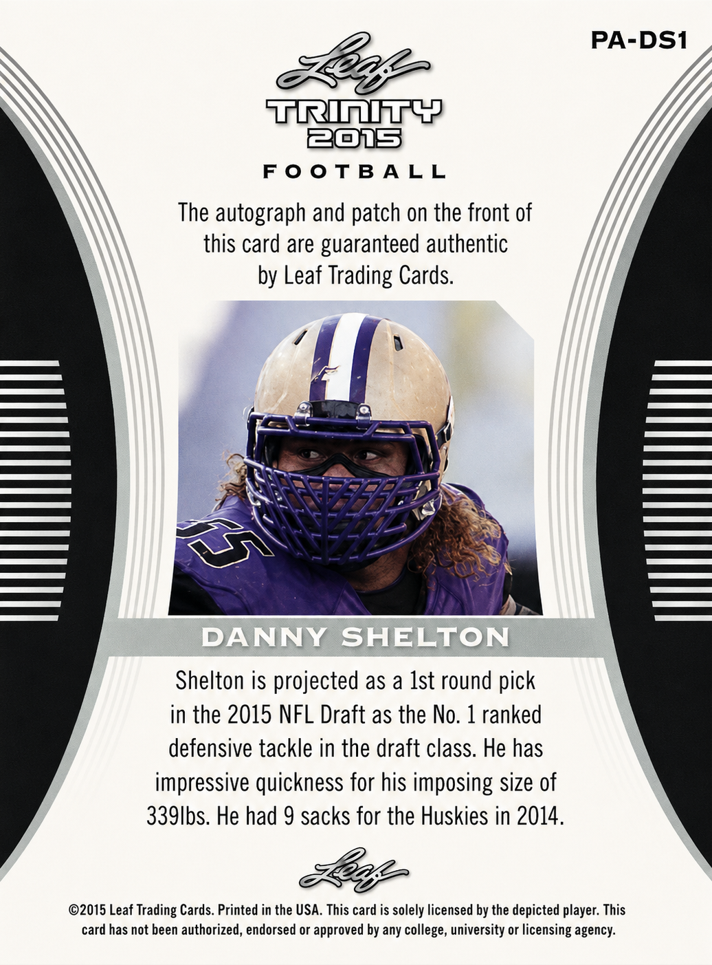 2015 Leaf Trinity Patch Autograph On-Card Danny Shelton #PA-DS1 Washington Huskies