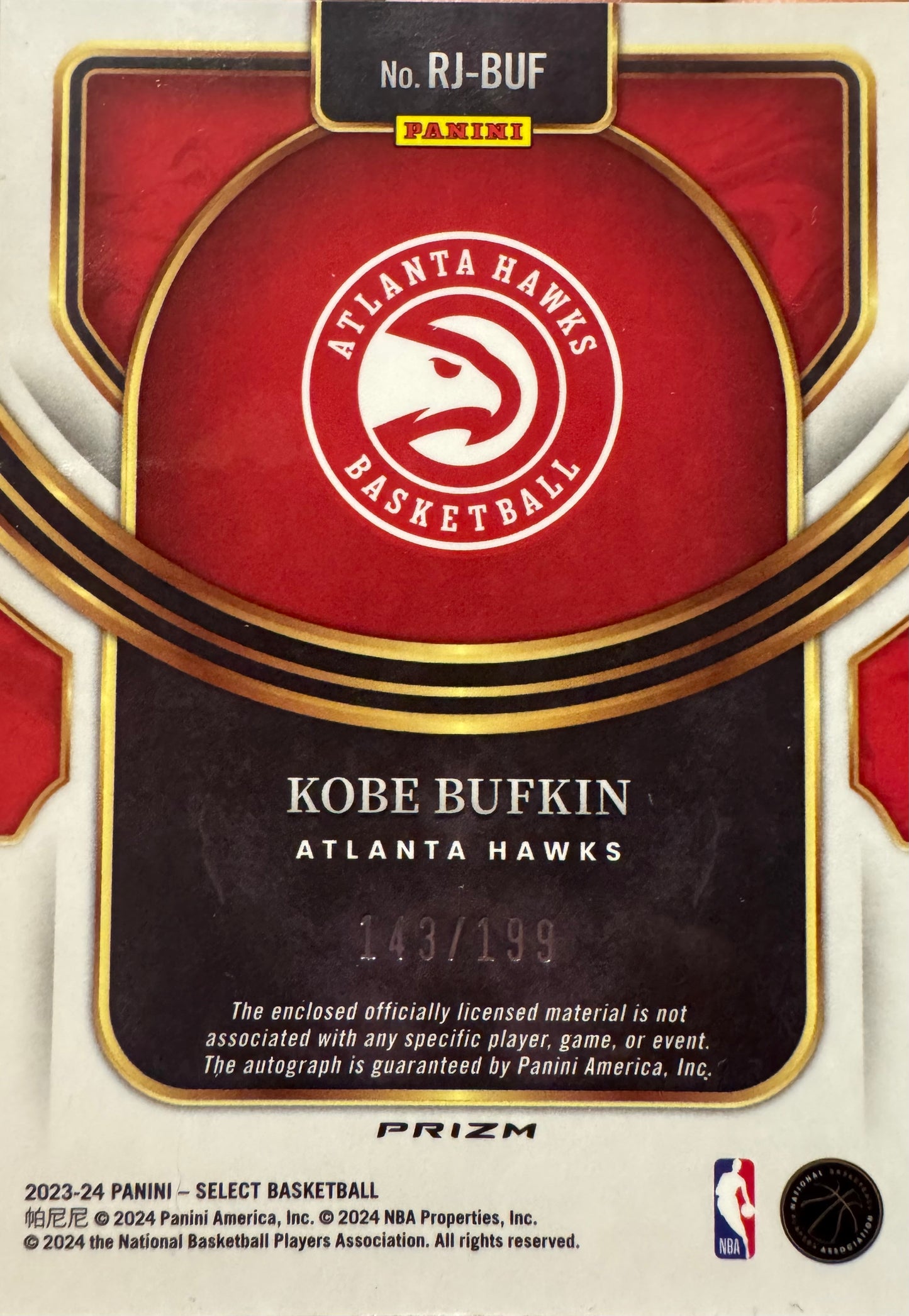 2024 Panini Select NBA Patch Autograph /199 RC Kobe Bufkin #RJ-BUF Atlanta Hawks
