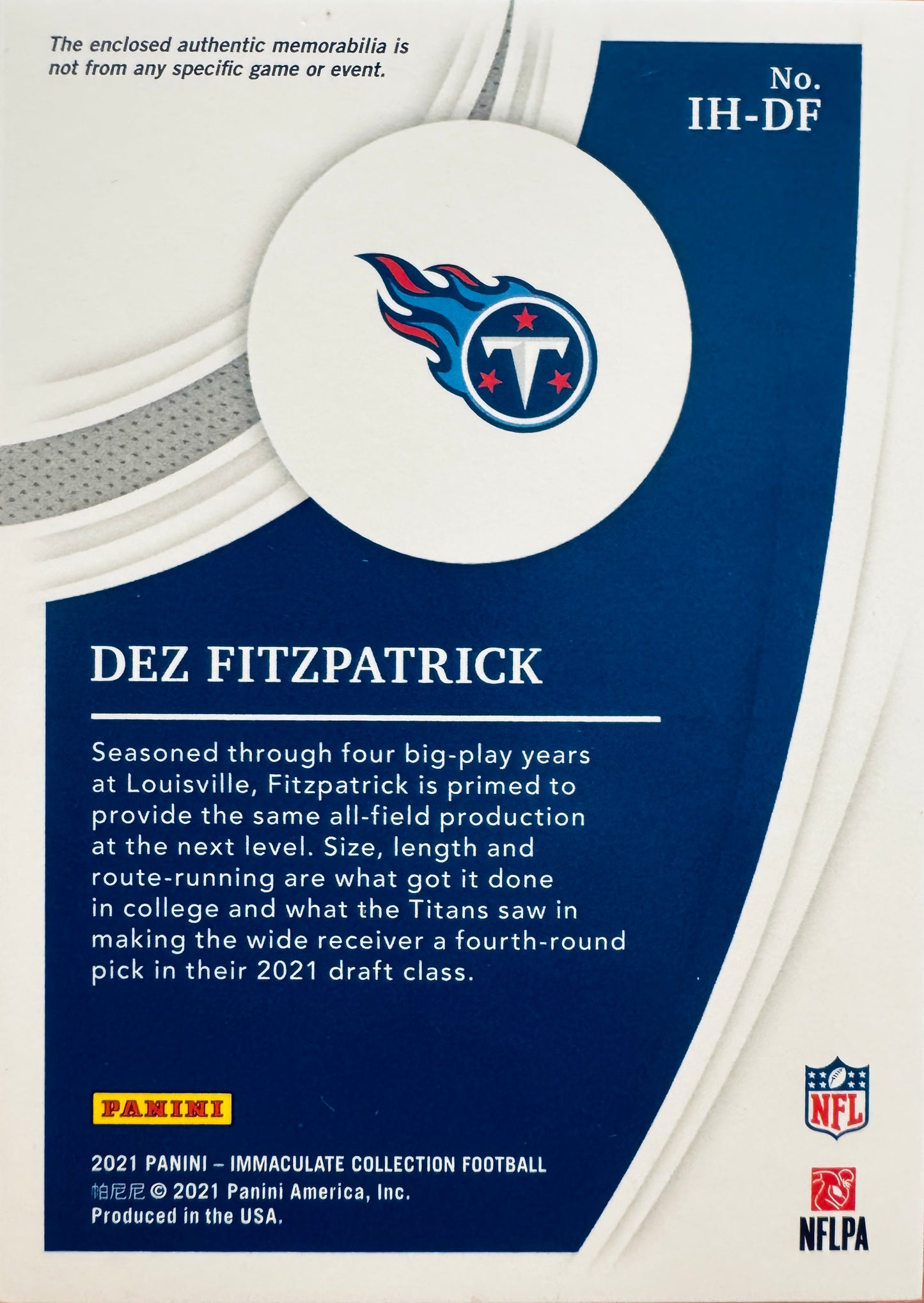 2021 Panini Immaculate Helmet /10 Dez Fitzpatrick RC #IH-DF Tennessee Titans