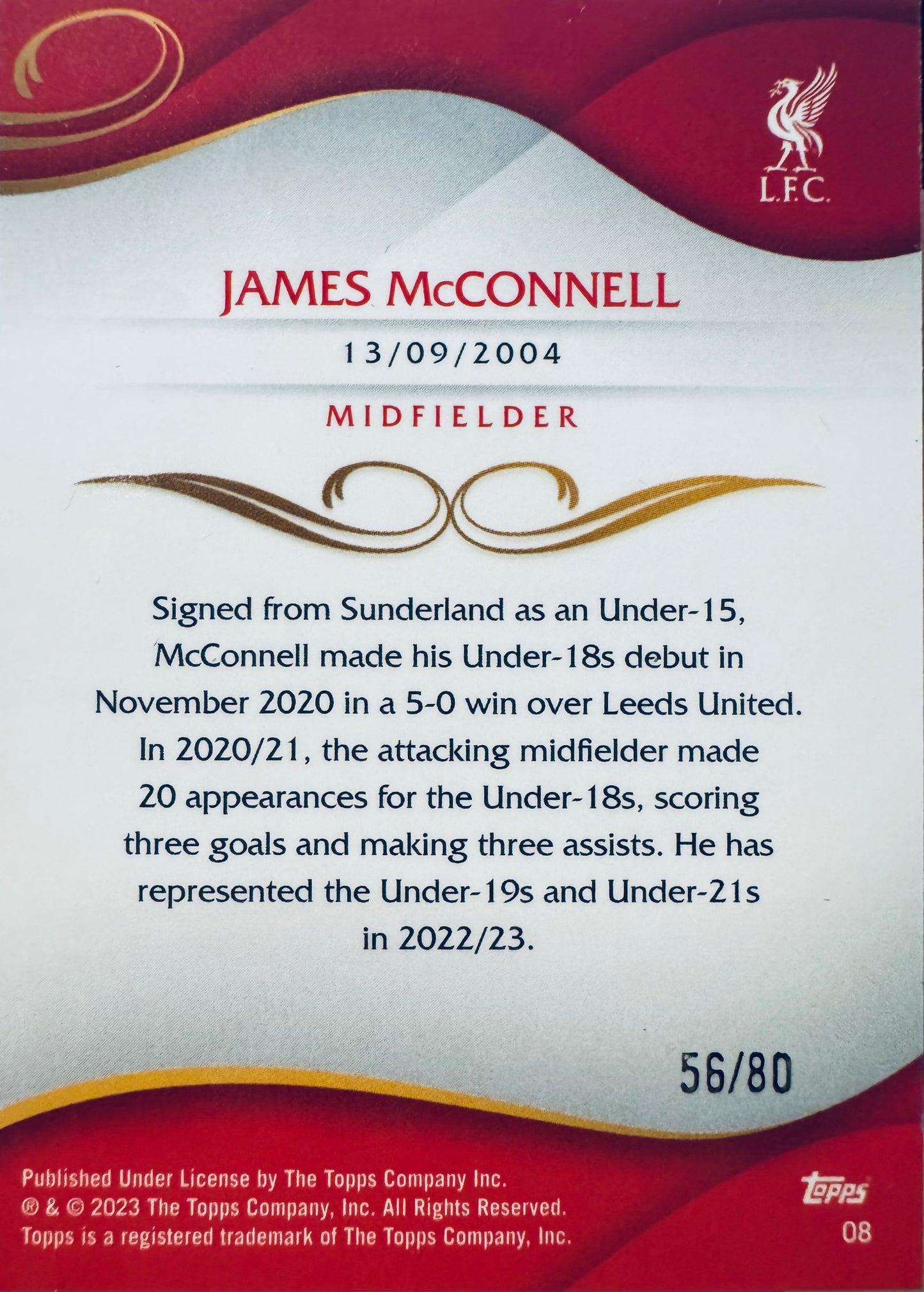 2022 Topps Lineage 1st Bowman Pink /80 James McConnell #08 Liverpool