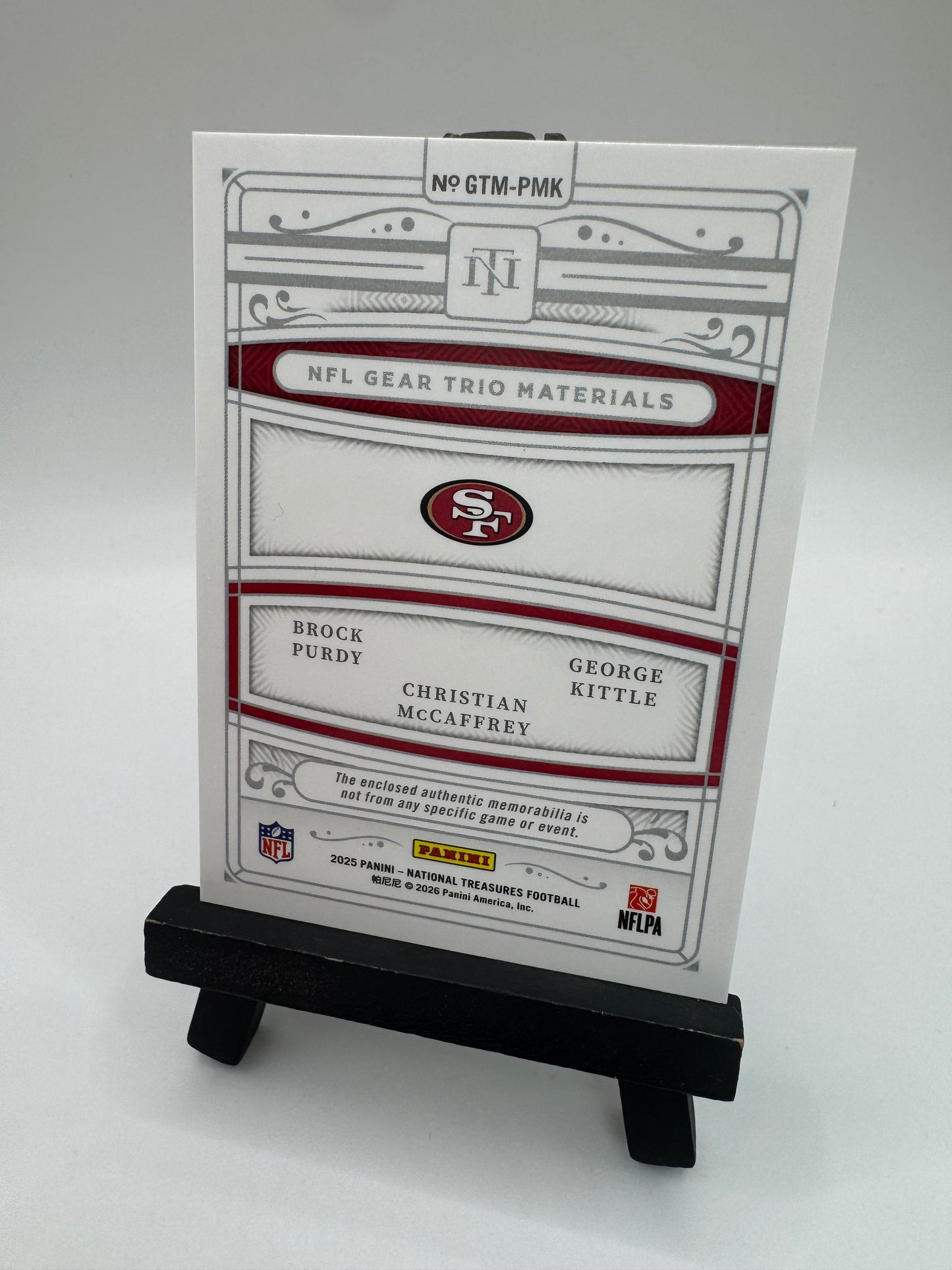 2025 Panini National Treasures Trio Patch /99 Purdy / McCaffrey / Kittle #GTM-PMK 49ers