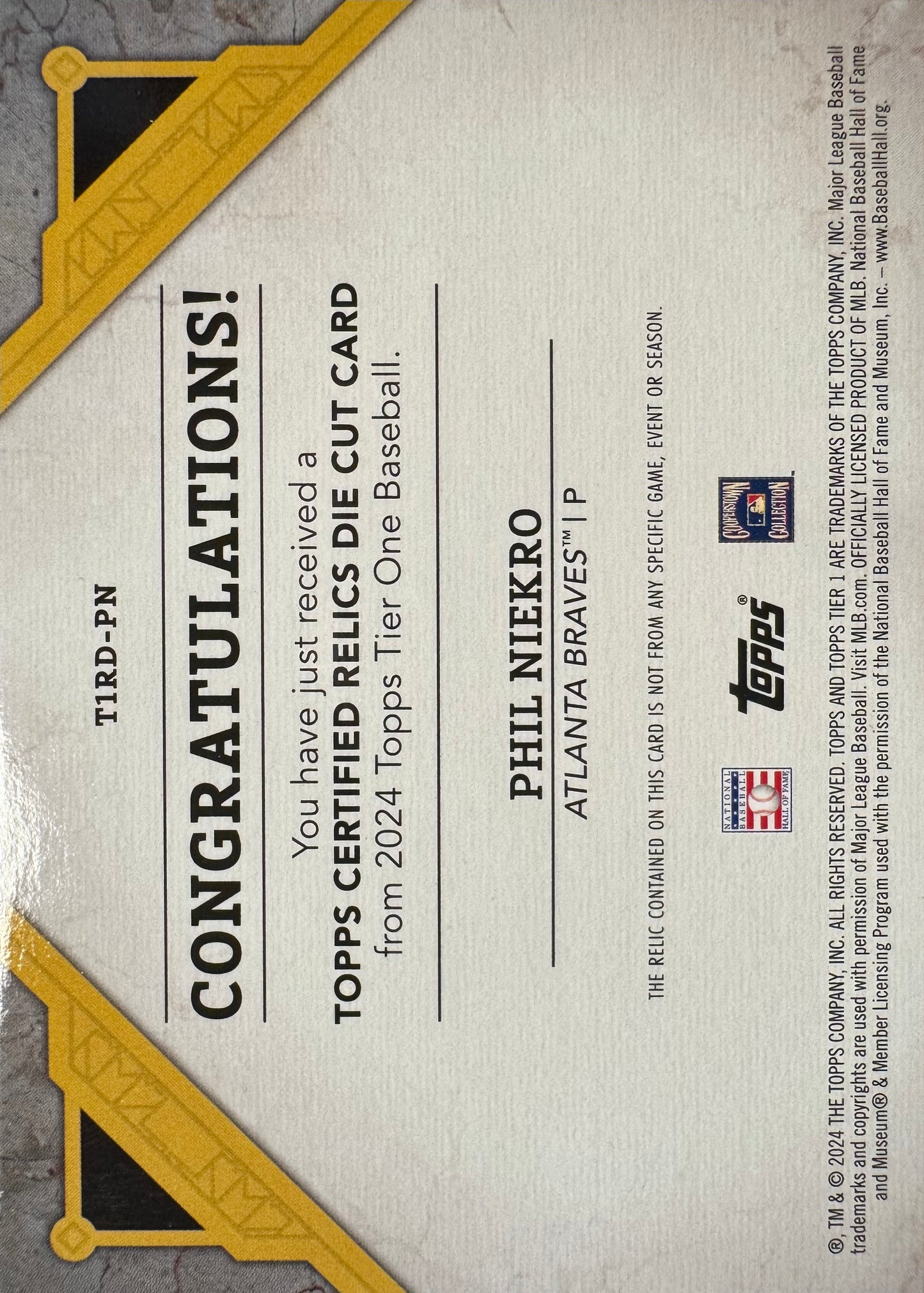 2024 Topps Tier One Relic used Phil Niekro #T1RD-PN Atlanta Braves