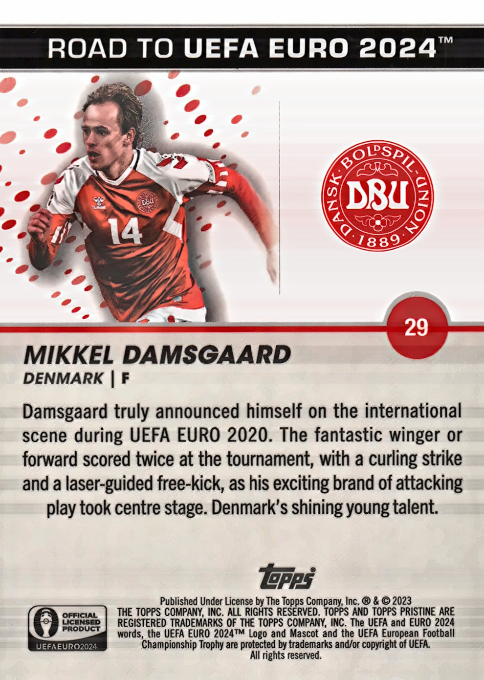 2023 Topps Pristine Road To Euro 2024 Mikkel Damsgaard #29 Denmark