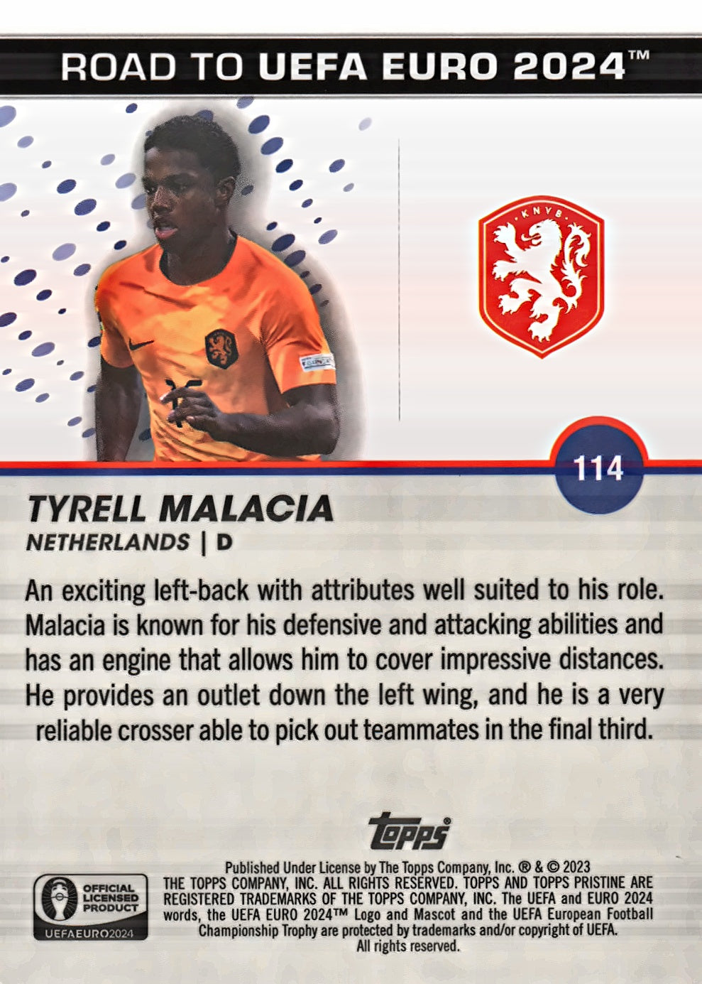 2023 Topps Pristine Road To Euro 2024 Tyrell Malacia #114 Netherlands