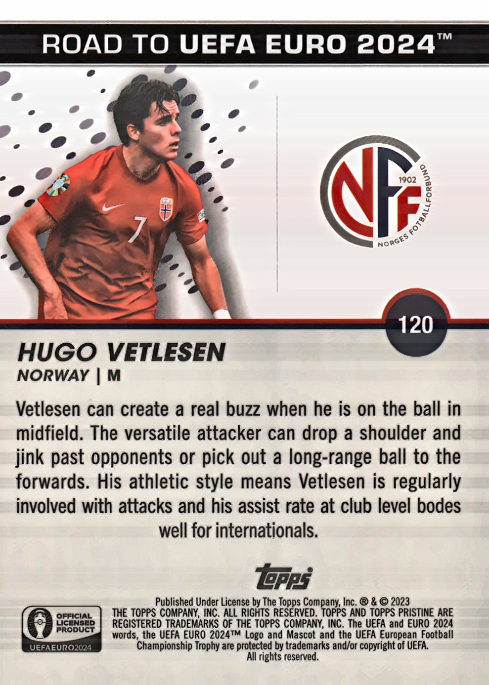 2023 Topps Pristine Road To Euro 2024 Hugo Vetlesen National Debut #120 Norway