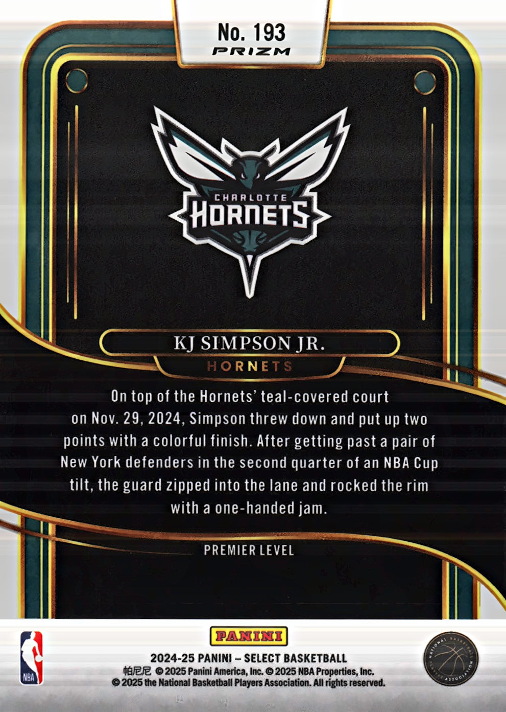 2024 Panini Select Red Cracked Ice Prizm KJ Simpson Jr. RC Premier #193 Charlotte Hornets