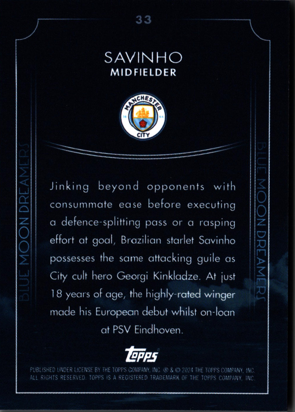 2024 Topps Blue Moon Manchester City Savinho Dreamers #33 Manchester City