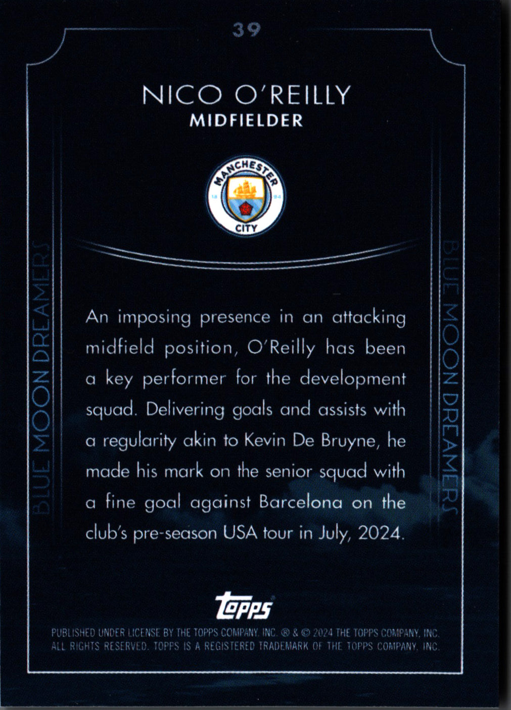 2024 Topps Blue Moon Manchester City Nico O'Reilly Dreamers #39 Manchester City