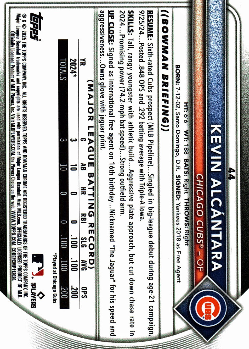 2025 Topps Bowman Chrome Gold /50 Kevin Alcantara #44 Chicago Cubs