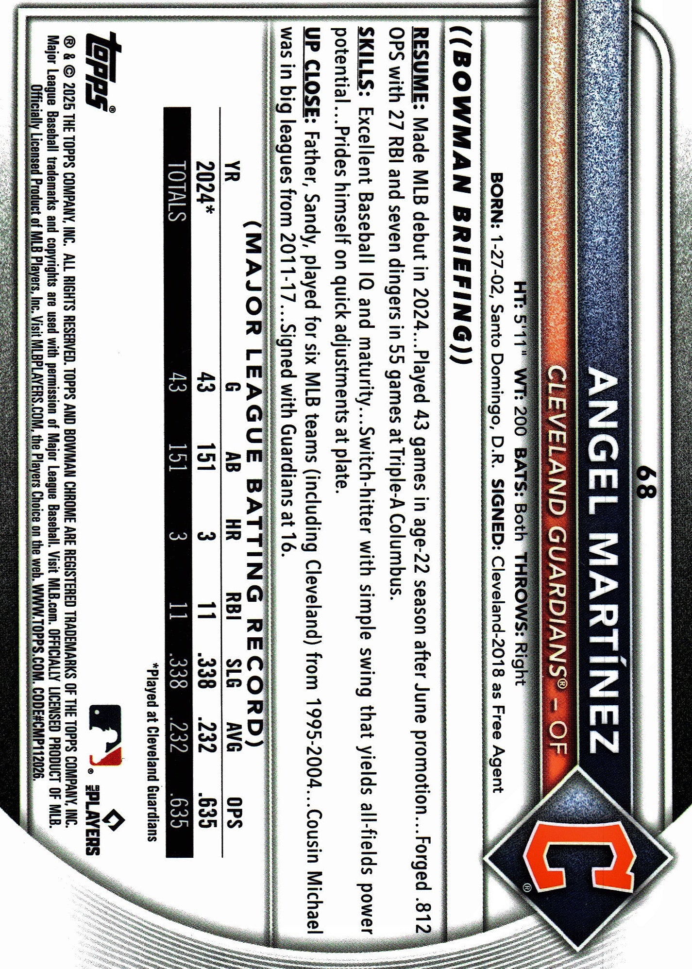 2025 Topps Bowman Chrome Green Wave /99 Angel Martinez #68 Cleveland Guardians