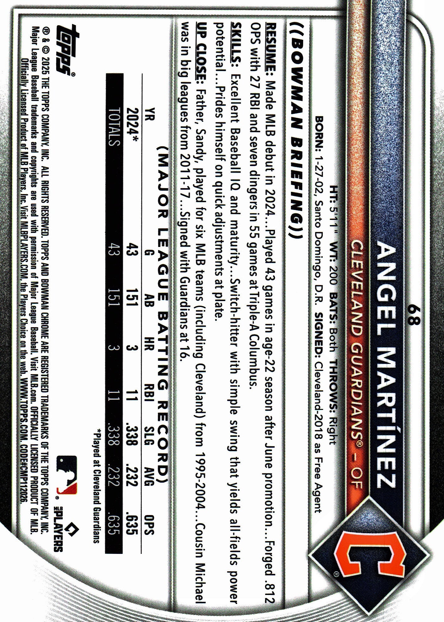 2025 Topps Bowman Chrome Purple Geometric /250 Angel Martinez #68 Cleveland Guardians