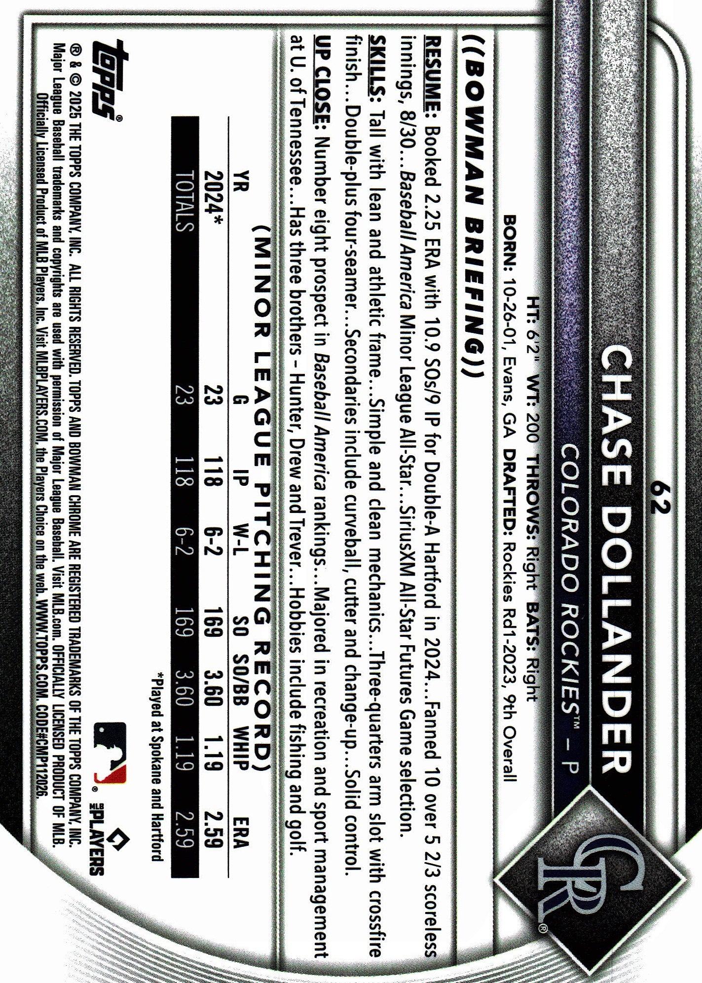 2025 Topps Bowman Chrome Fuchsia Wave /299 Chase Dollander #62 Colorado Rockies