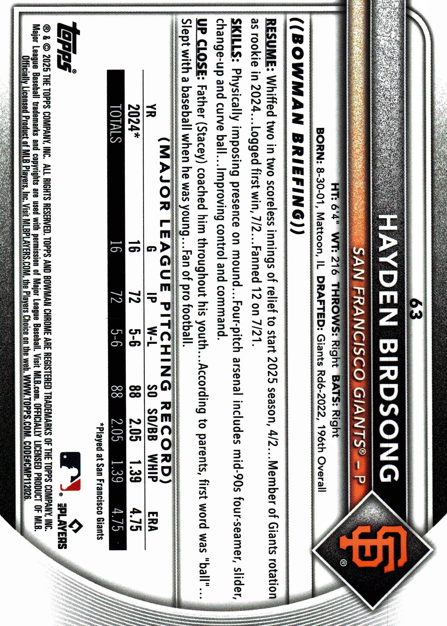 2025 Topps Bowman Chrome Fuchsia /299 Hayden Birdsong #63 San Francisco Giants