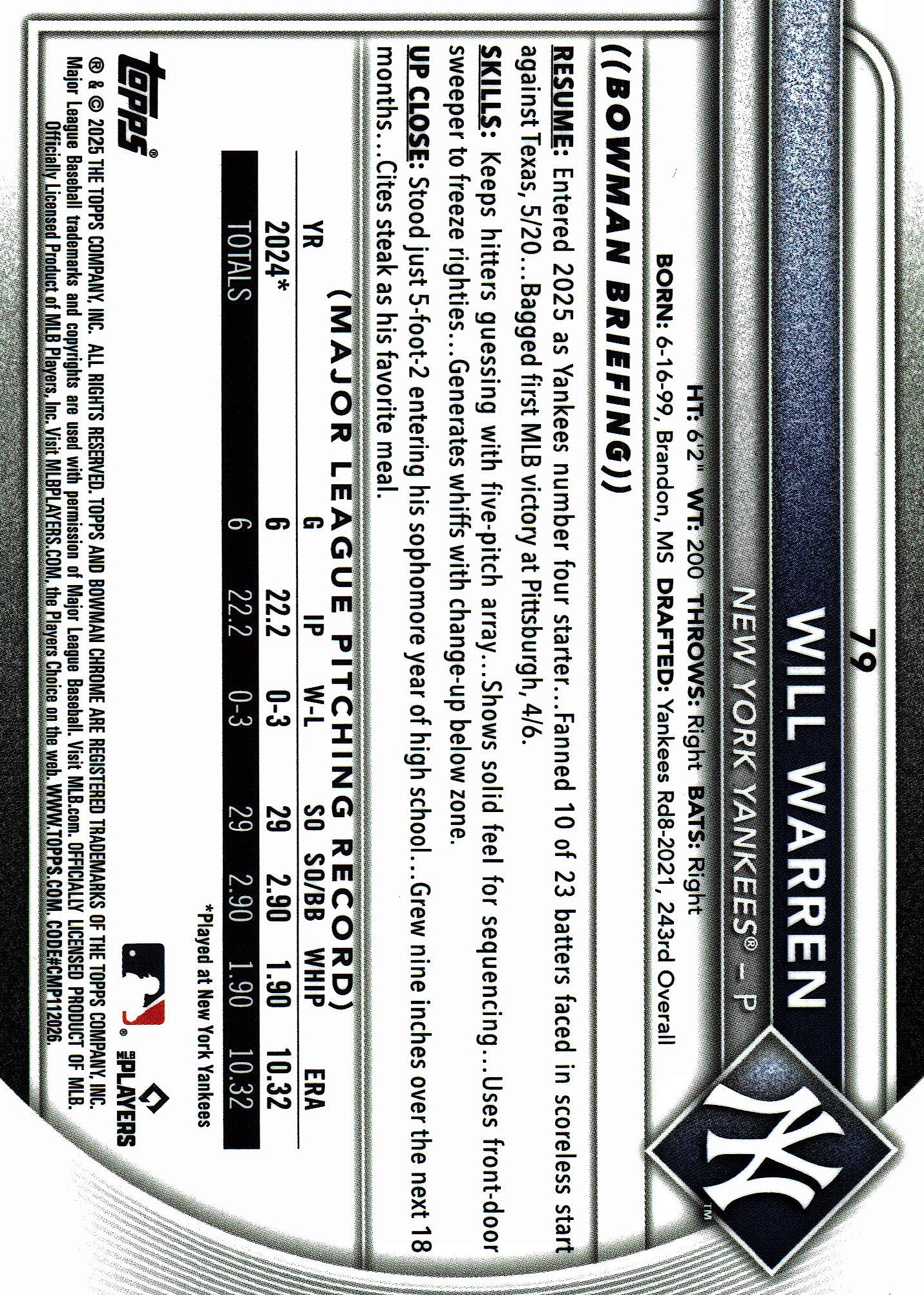 2025 Topps Bowman Chrome Pulsar /399 Will Warren #79 New York Yankees