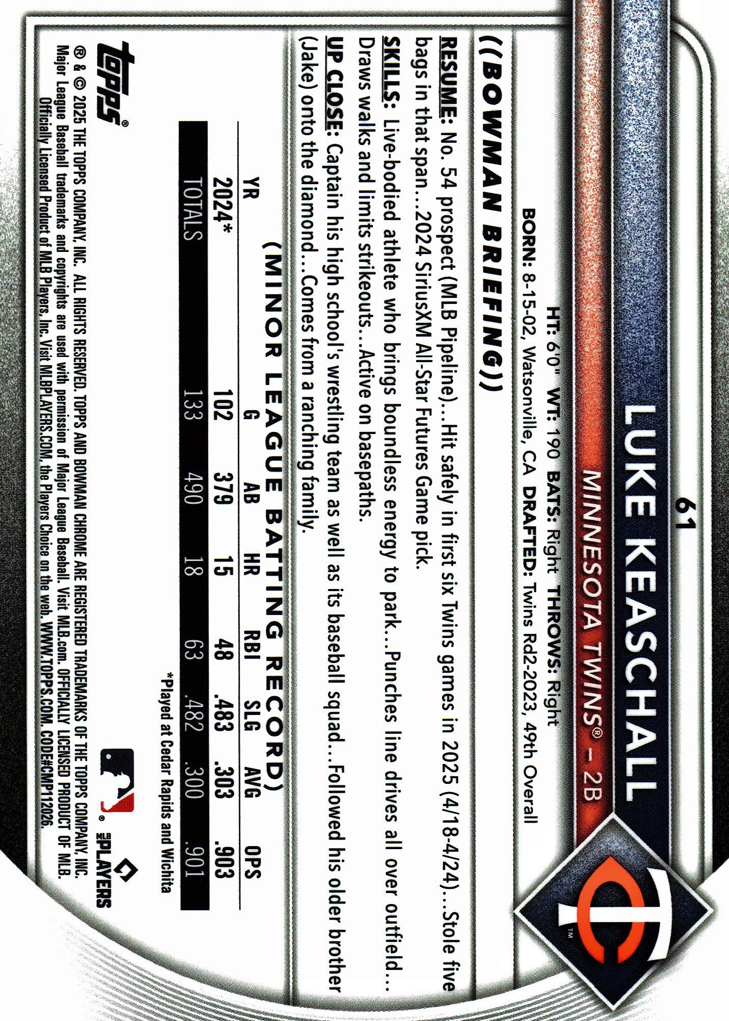 2025 Topps Bowman Chrome Pulsar /399 Luke Keaschall #61 Minnesota Twins