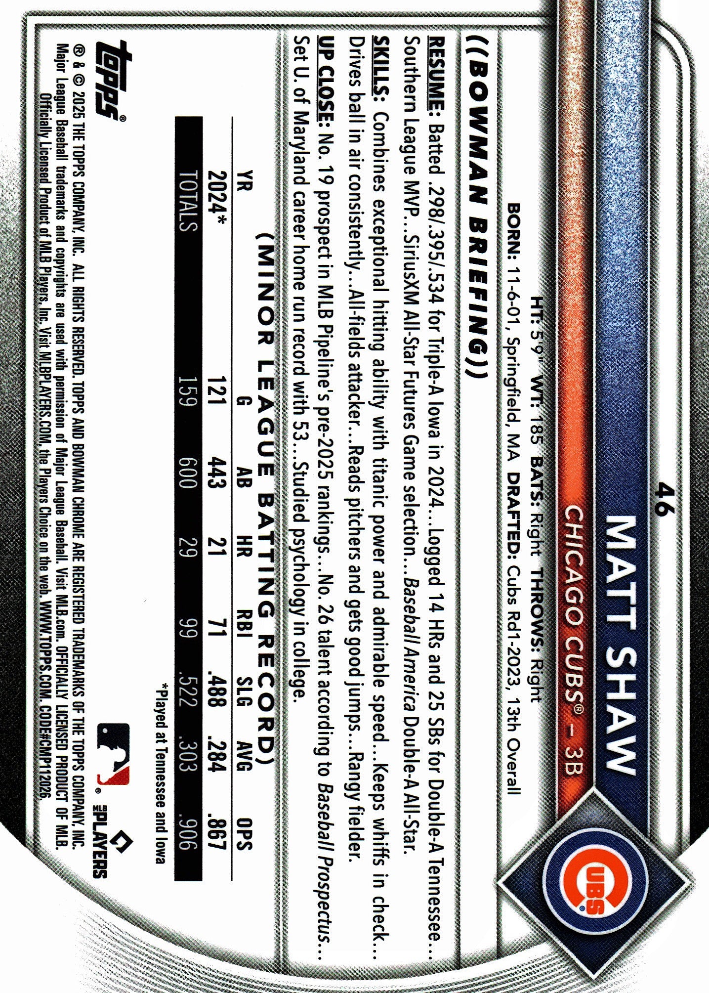 2025 Topps Bowman Chrome Pulsar /399 Matt Shaw #46 Chicago Cubs