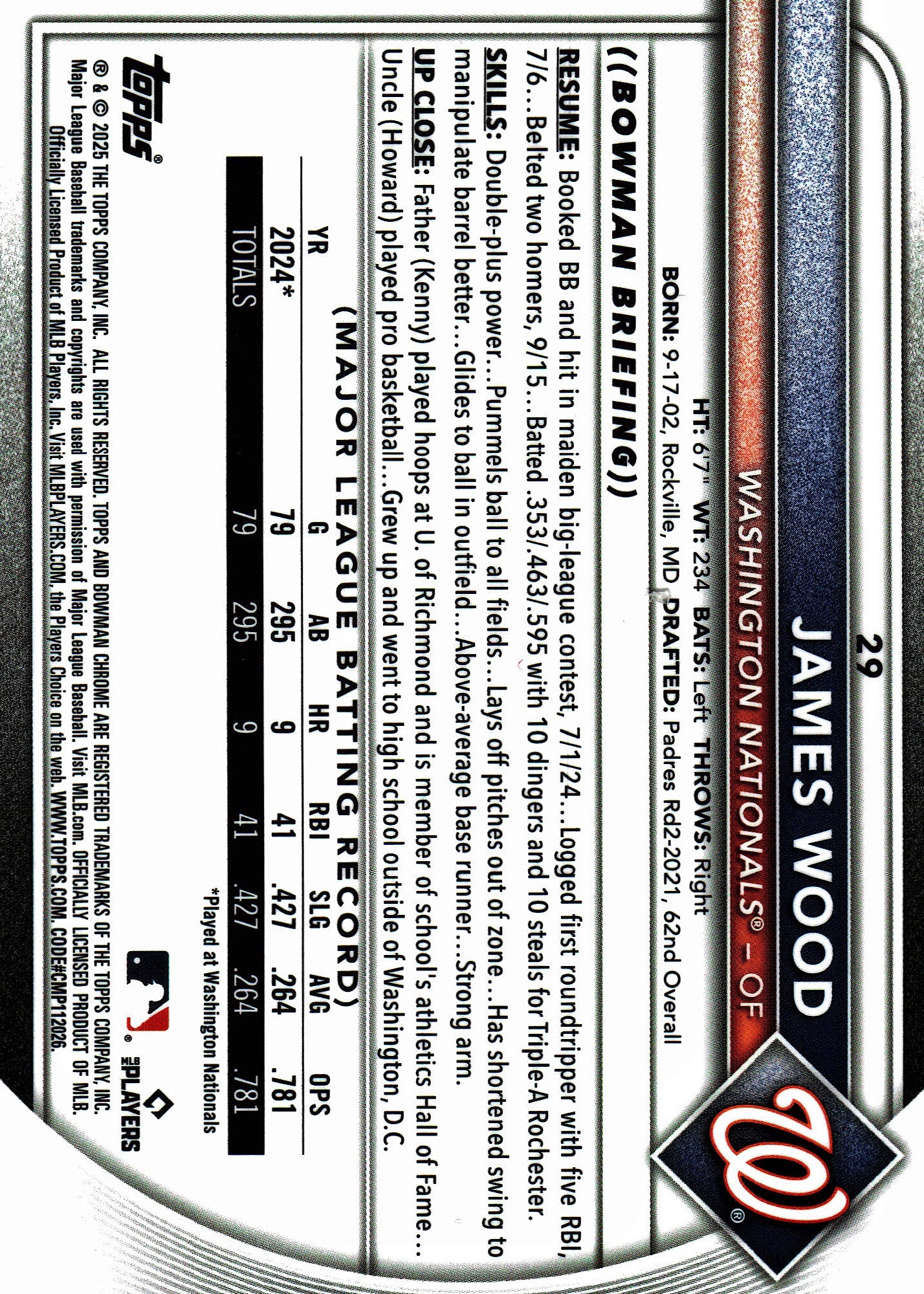 2025 Topps Bowman Chrome Pulsar /399 James Wood #29 Washington Nationals