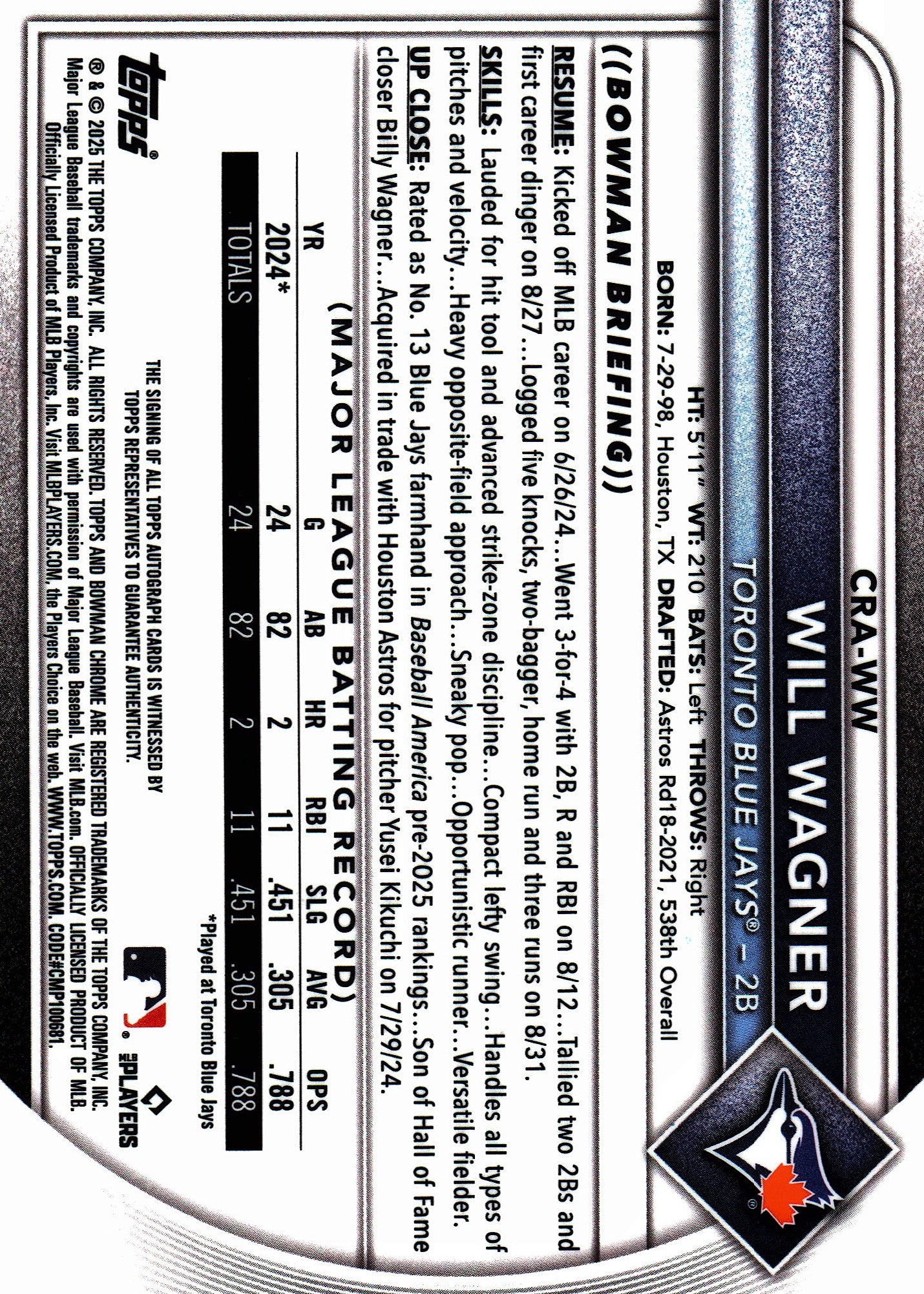 2025 Topps Bowman Chrome Rookie Autographs Will Wagner #CRA-WW Toronto Blue Jays