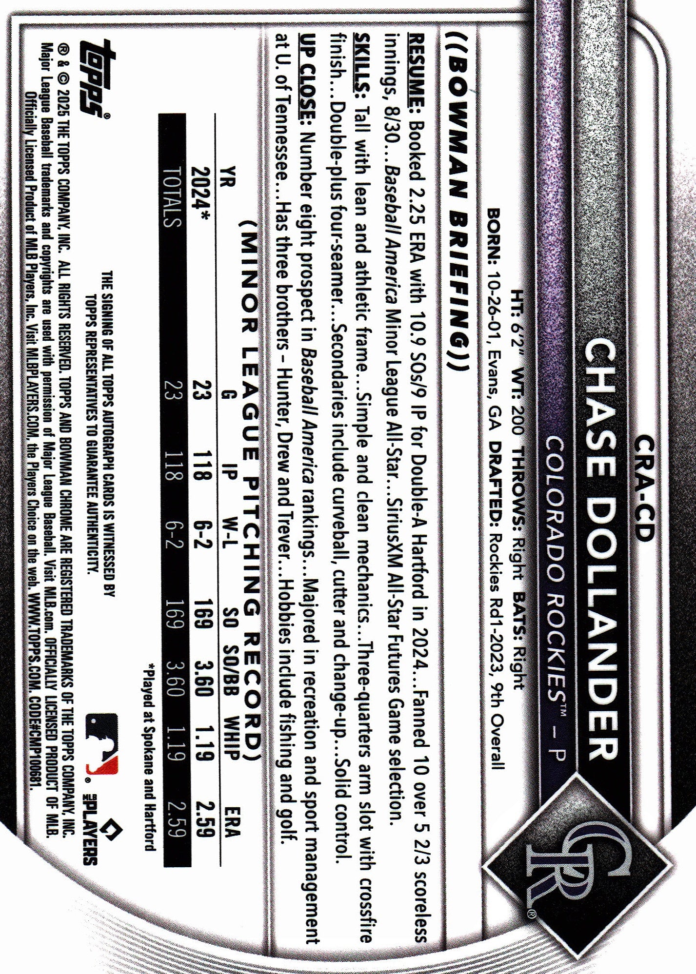 2025 Topps Bowman Chrome Rookie Autographs Chase Dollander #CRA-CD Colorado Rockies