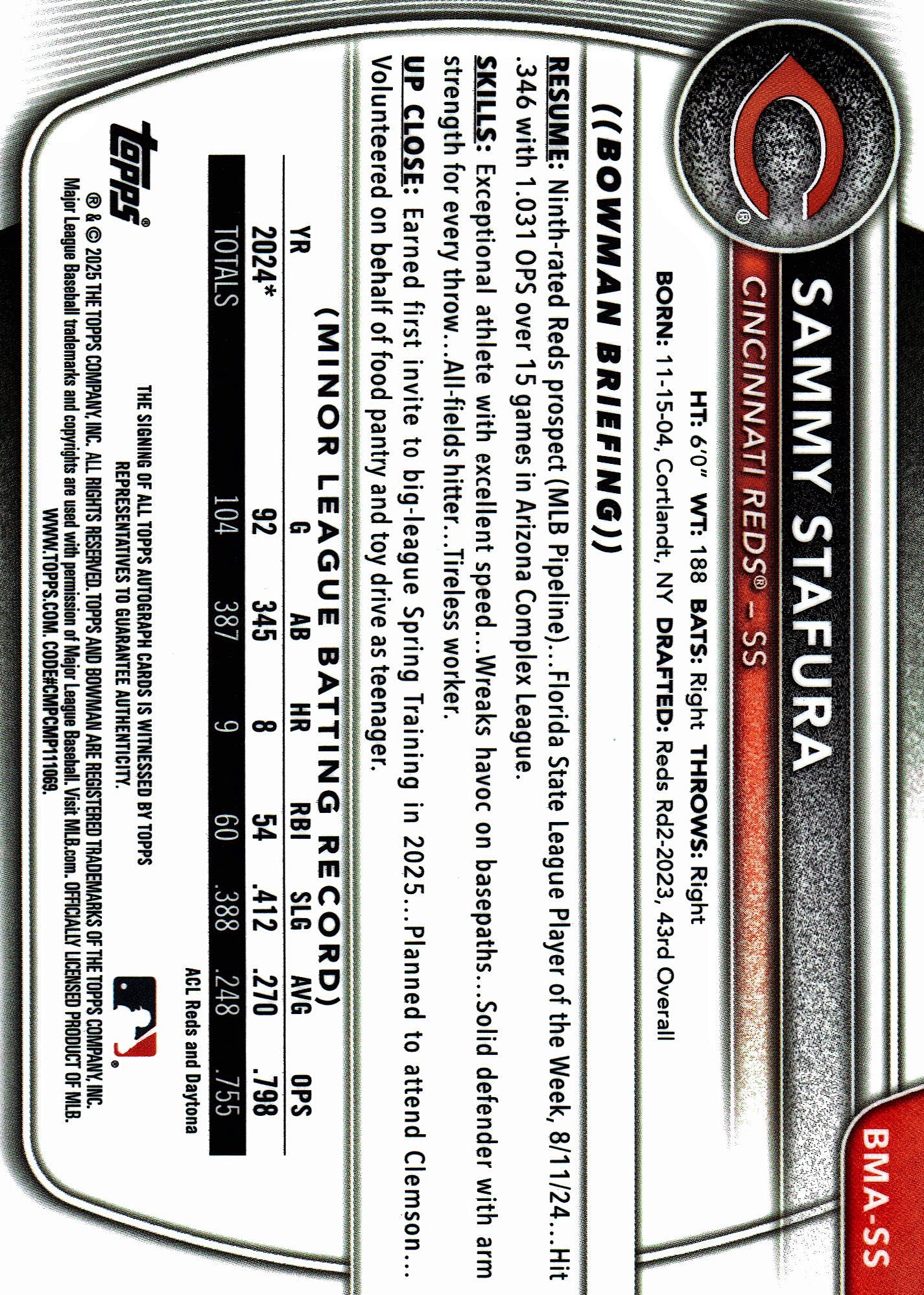 2025 Topps Bowman Chrome Prospect Autographs Mojo Sammy Stafura AU #CPA-SS Cincinnati Reds