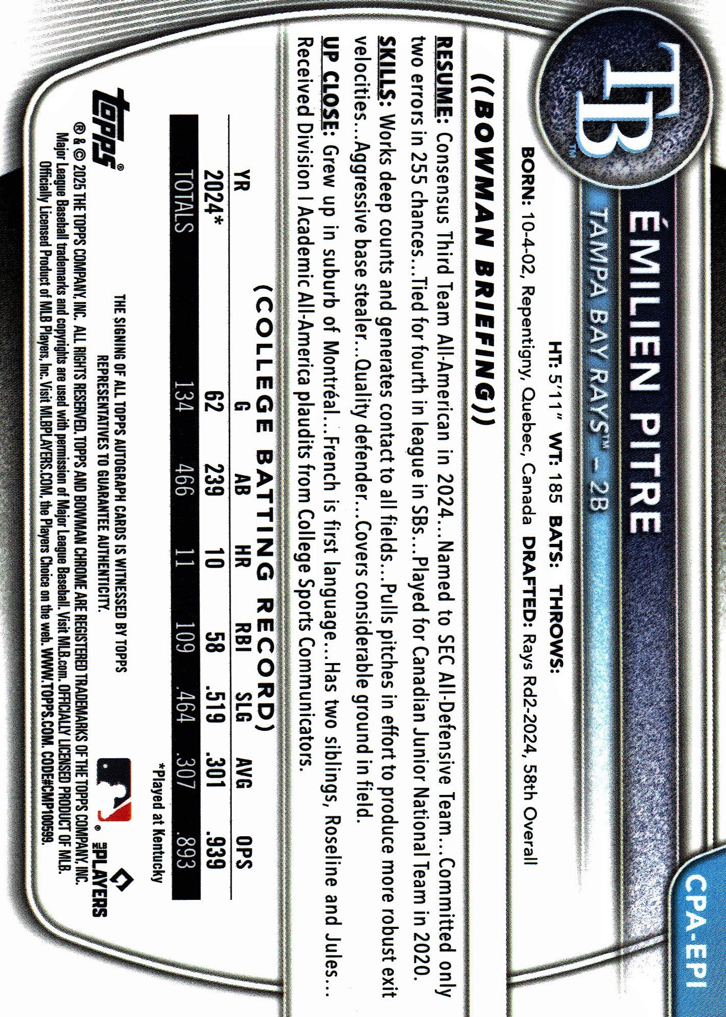 2025 Topps Bowman Chrome Prospect Autographs Émilien Pitre AU #CPA-EPI Tampa Bay Rays