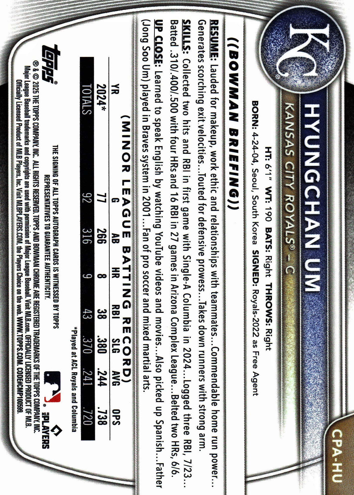 2025 Topps Bowman Chrome Prospect Autographs Hyungchan Um AU #CPA-HU Kansas City Royals