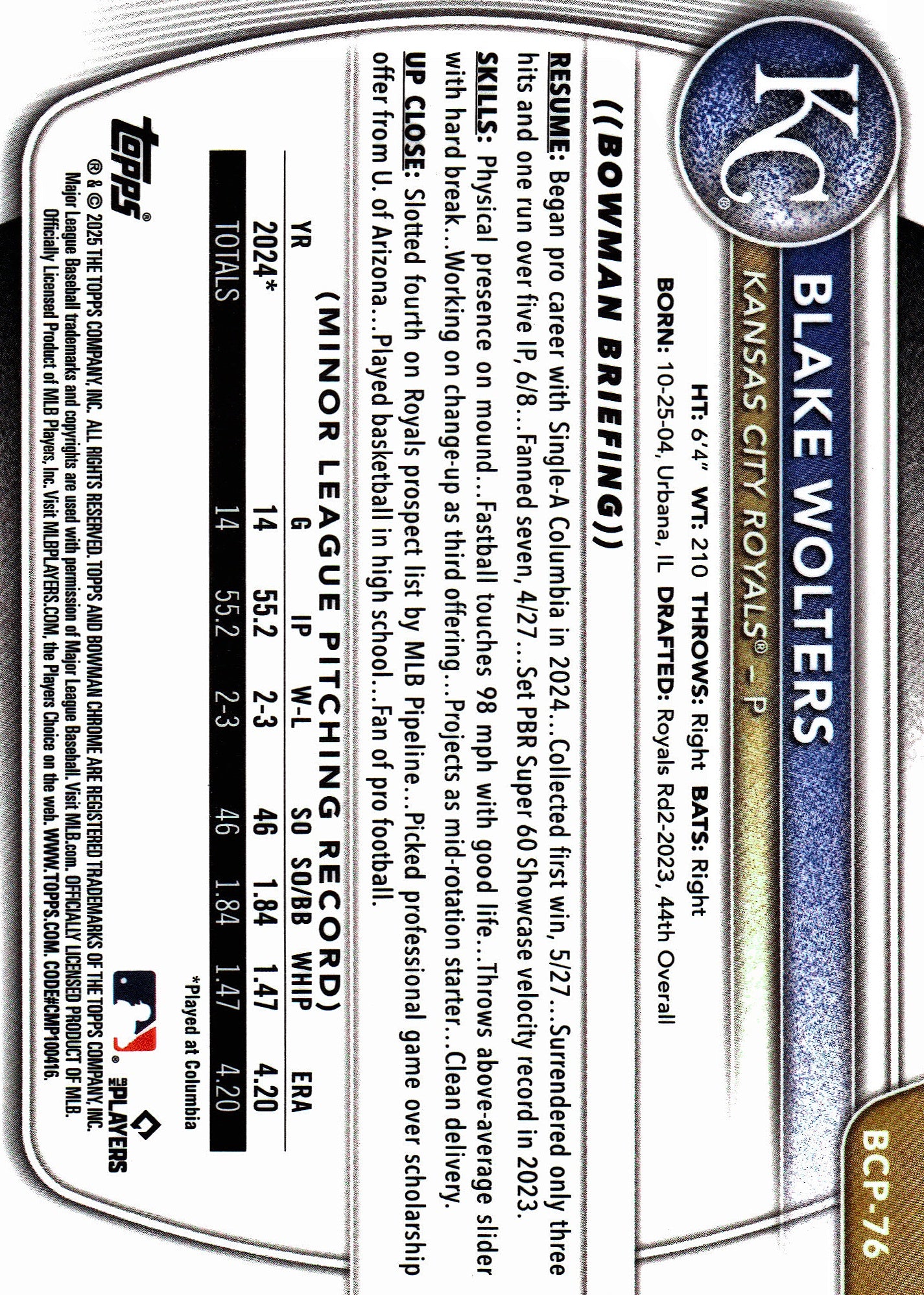 2025 Bowman Chrome Prospects Reptilian Blue Refractor Blake Wolters SN150 #BCP-76 Kansas City Royals