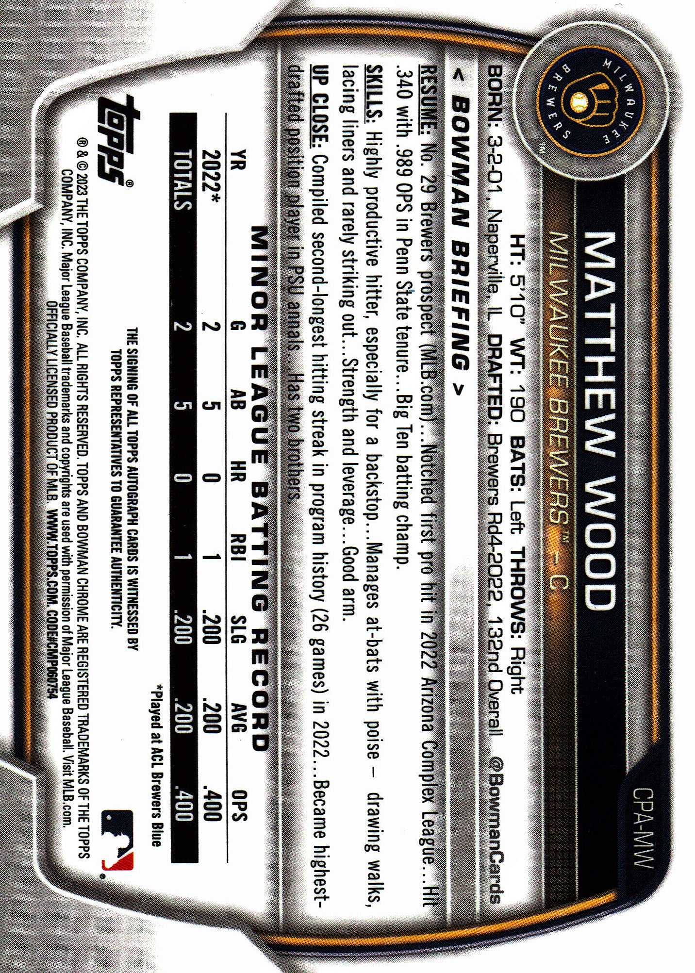 2023 Topps Bowman Chrome Prospect Autographs Matthew Wood AU #CPA-MW Milwaukee Brewers