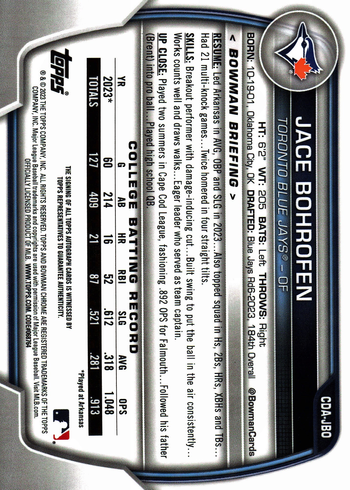 2023 Topps Bowman Draft Chrome Prospect Autographs Jace Bohrofen AU #CDA-JBO Toronto Blue Jays