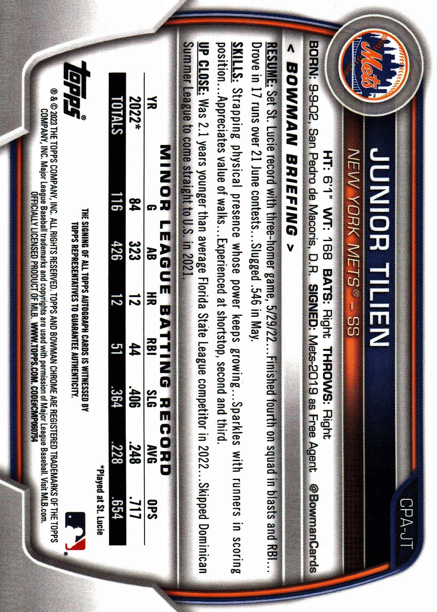 2023 Topps Bowman Chrome Prospect Autographs Junior Tilien AU #CPA-JT New York Mets