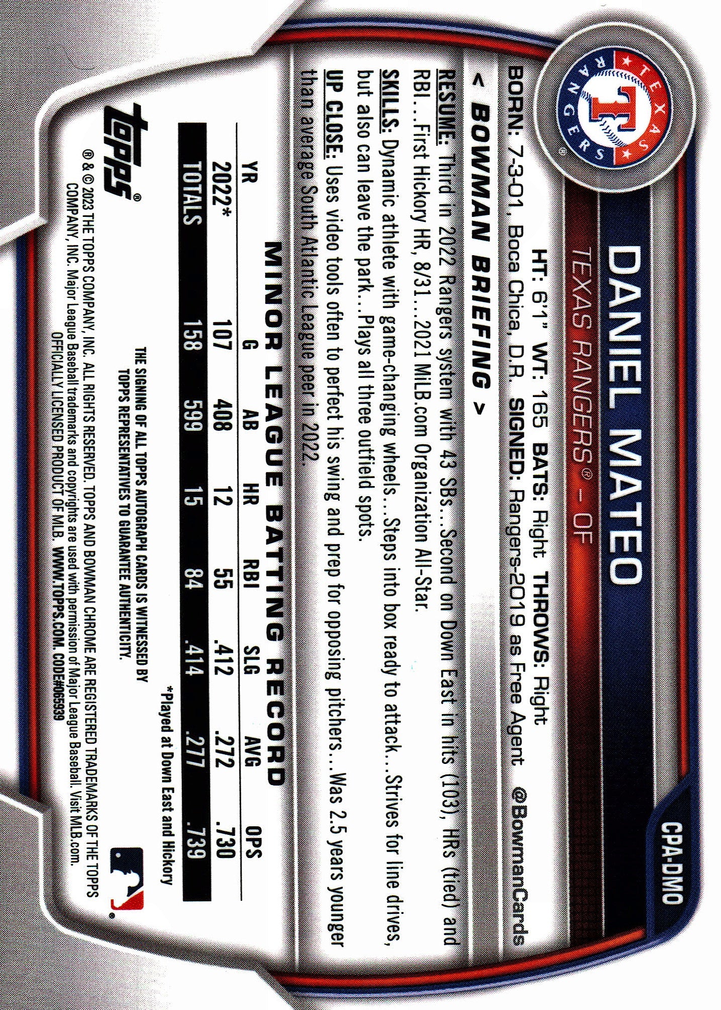 2023 Topps Bowman Chrome Prospect Autographs Daniel Mateo AU #CPA-DMO Texas Rangers