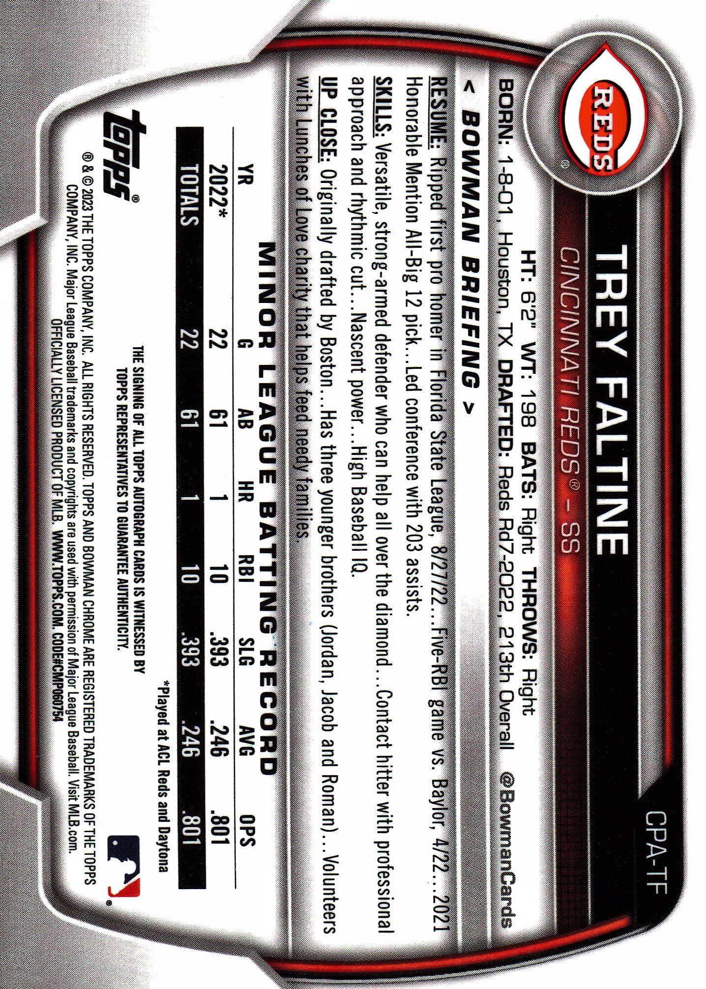 2023 Topps Bowman Chrome Prospect Autographs Trey Faltine AU #CPA-TF Cincinnati Reds