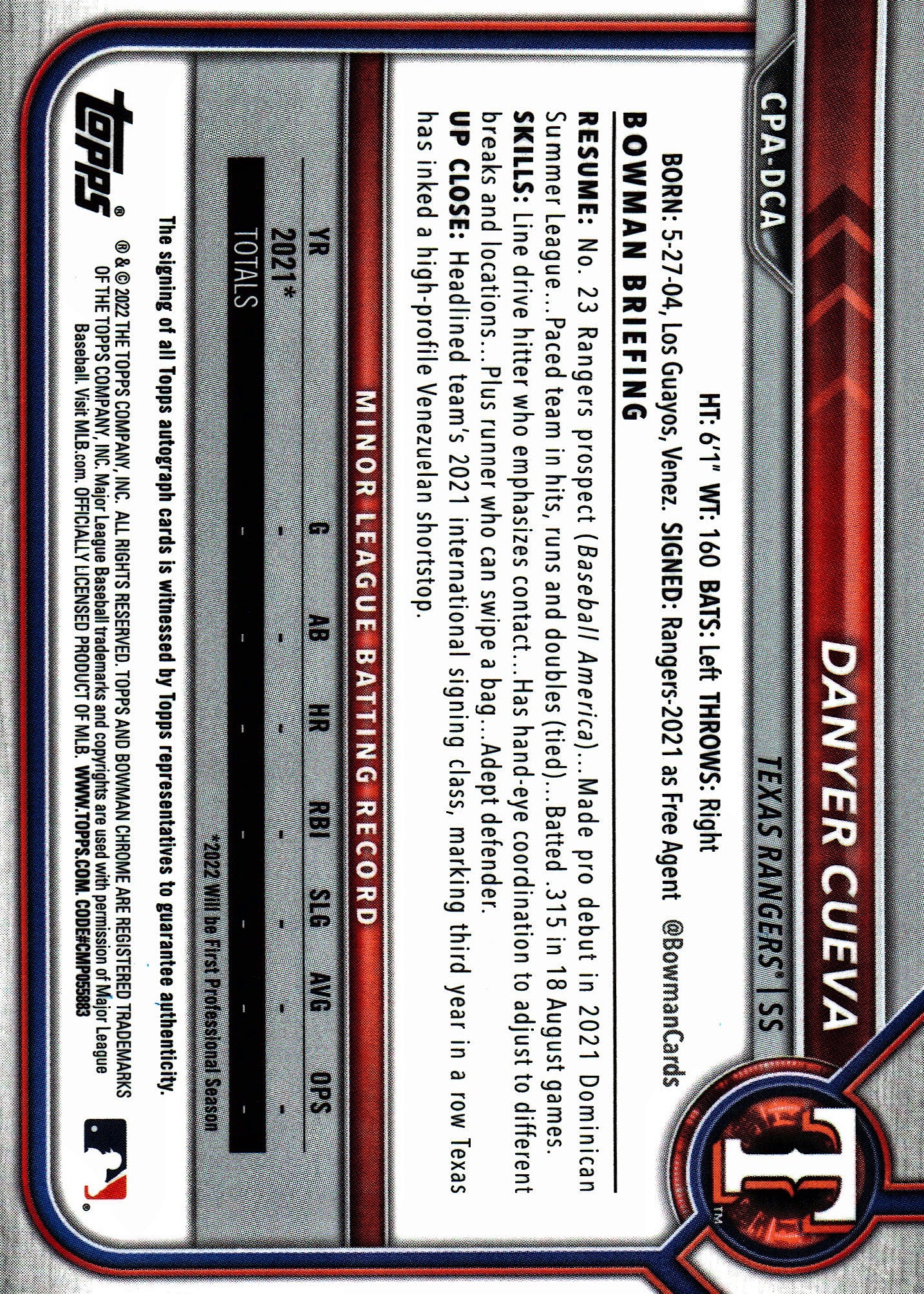 2022 Topps Bowman Chrome Prospect Autograph Danyer Cueva #CPA-DCA Texas Rangers