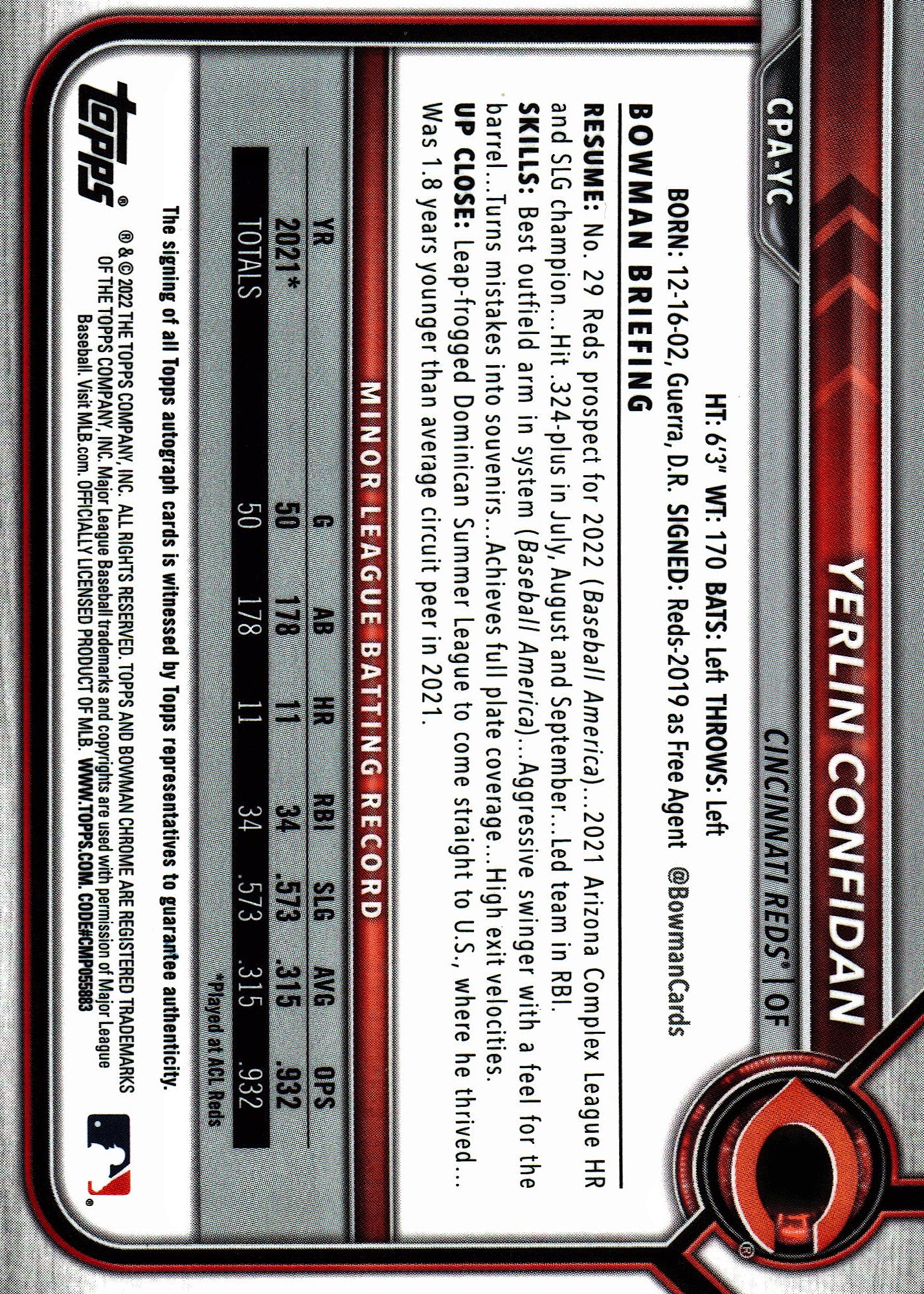 2022 Topps Bowman Chrome Prospect Autograph Yerlin Confidan #CPA-YC Cincinnati Reds