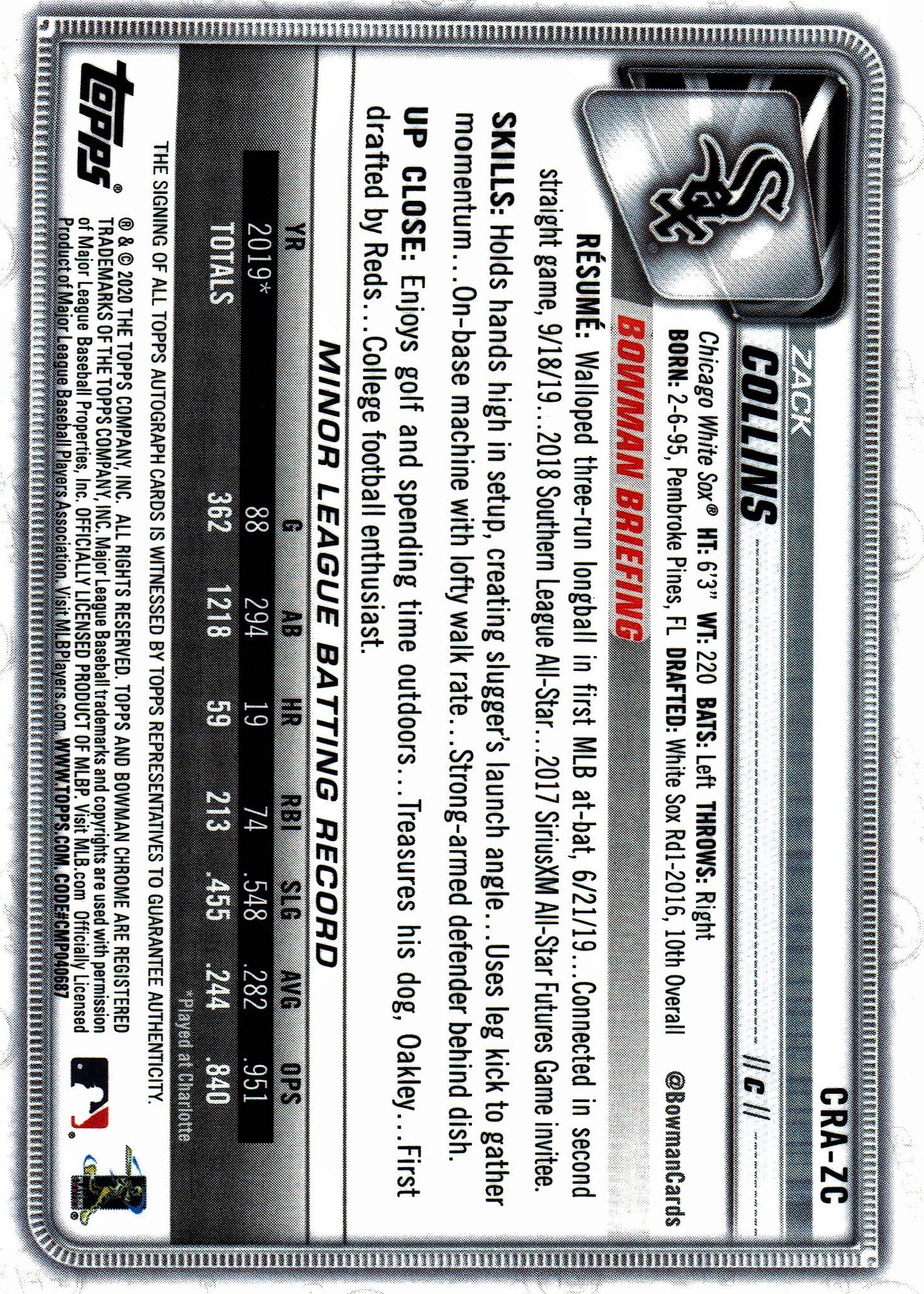 2020 Topps Bowman Chrome Prospect Autograph Zack Collins #CRA-ZC Chicago White Sox