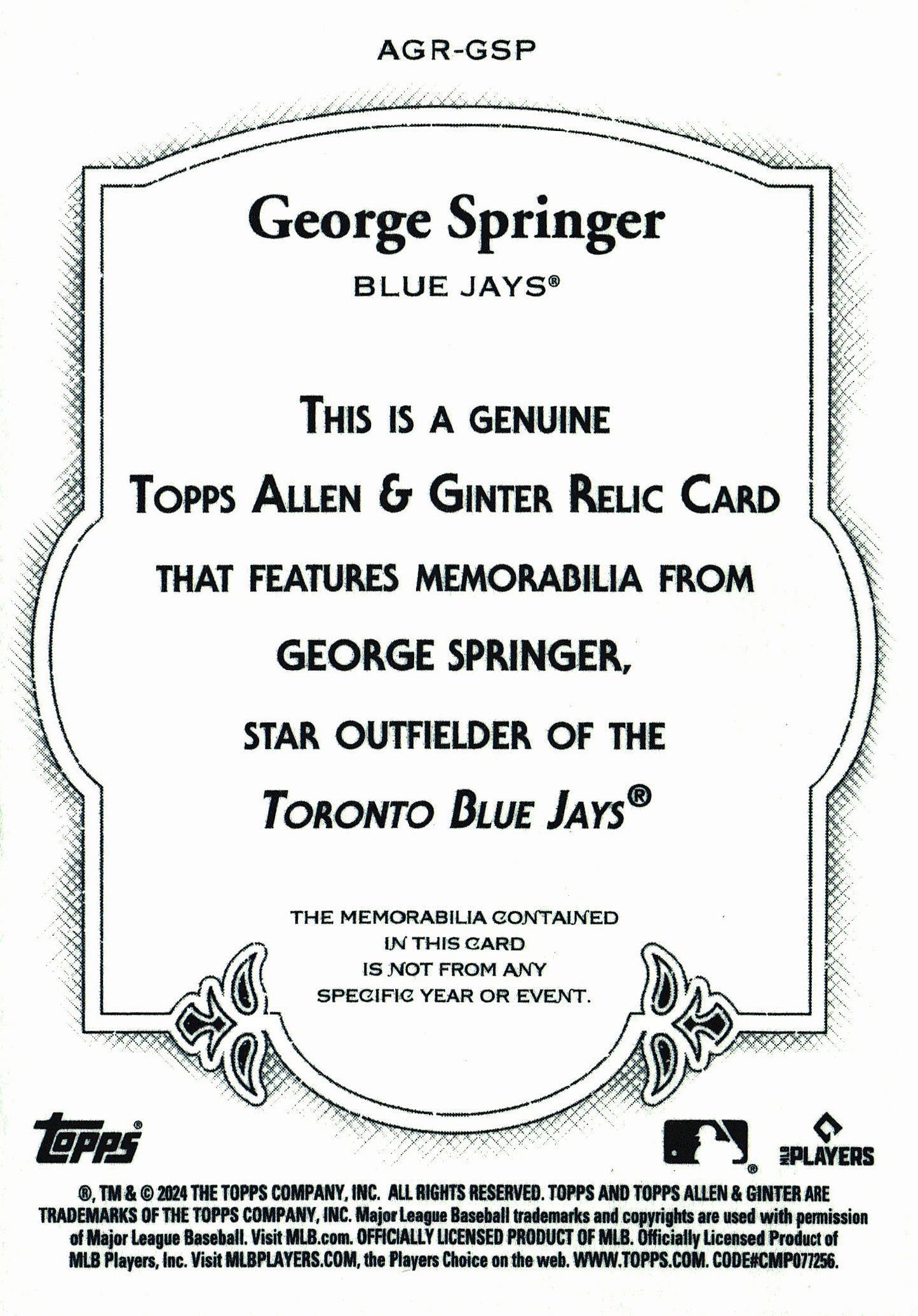 2024 Topps Allen & Ginter Relic George Springer VAR Jersey #AGR-GSP Toronto Blue Jays