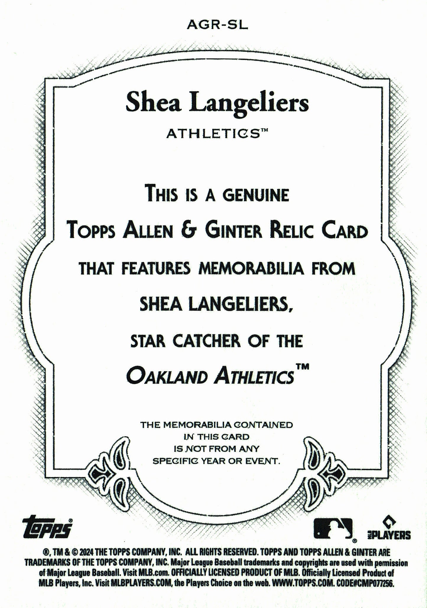 2024 Topps Allen & Ginter Relic Shea Langeliers #AGR-SL Oakland Athletics