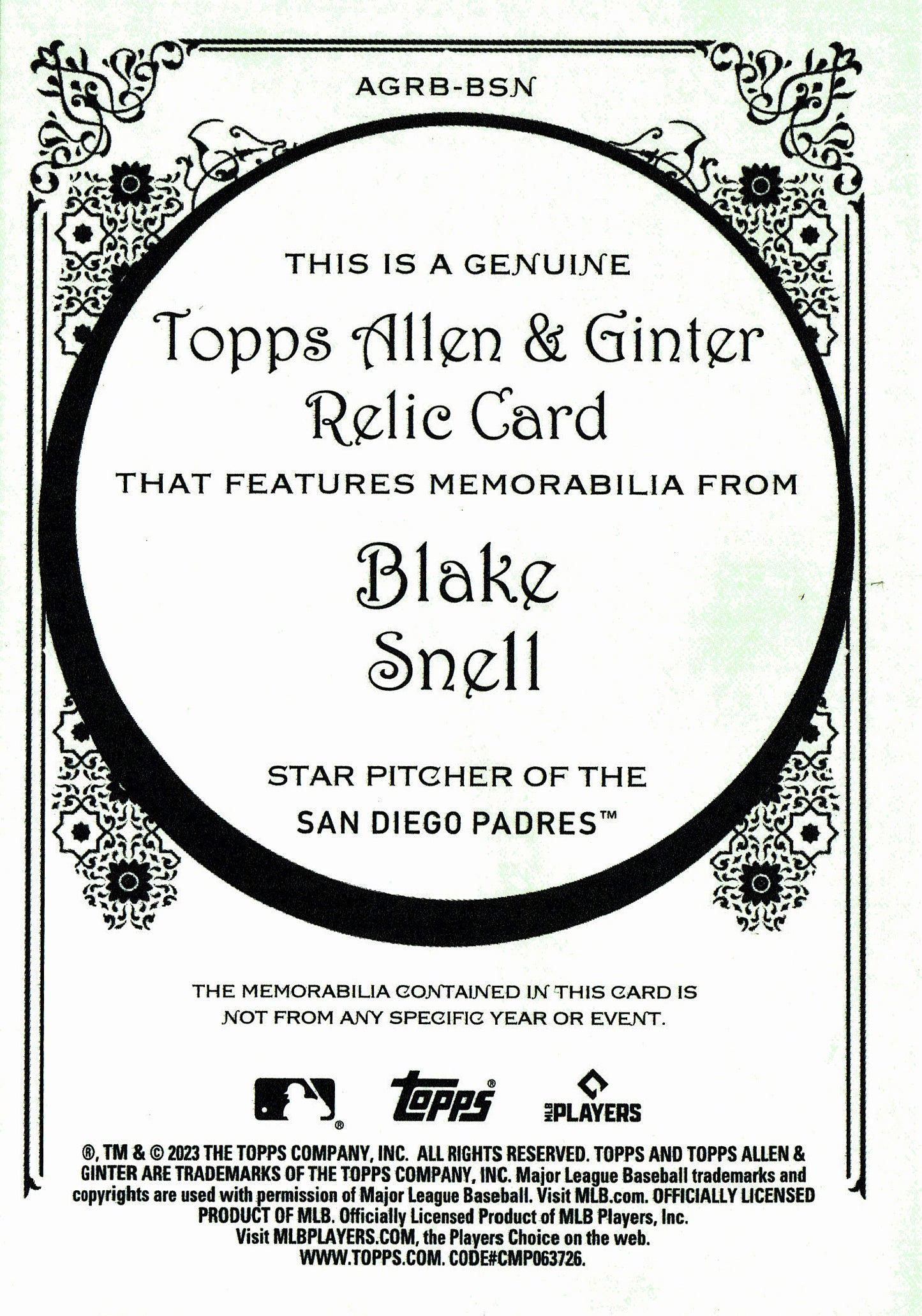 2023 Topps Allen & Ginter Relic Blake Snell #AGRB-BSN San Diego Padres